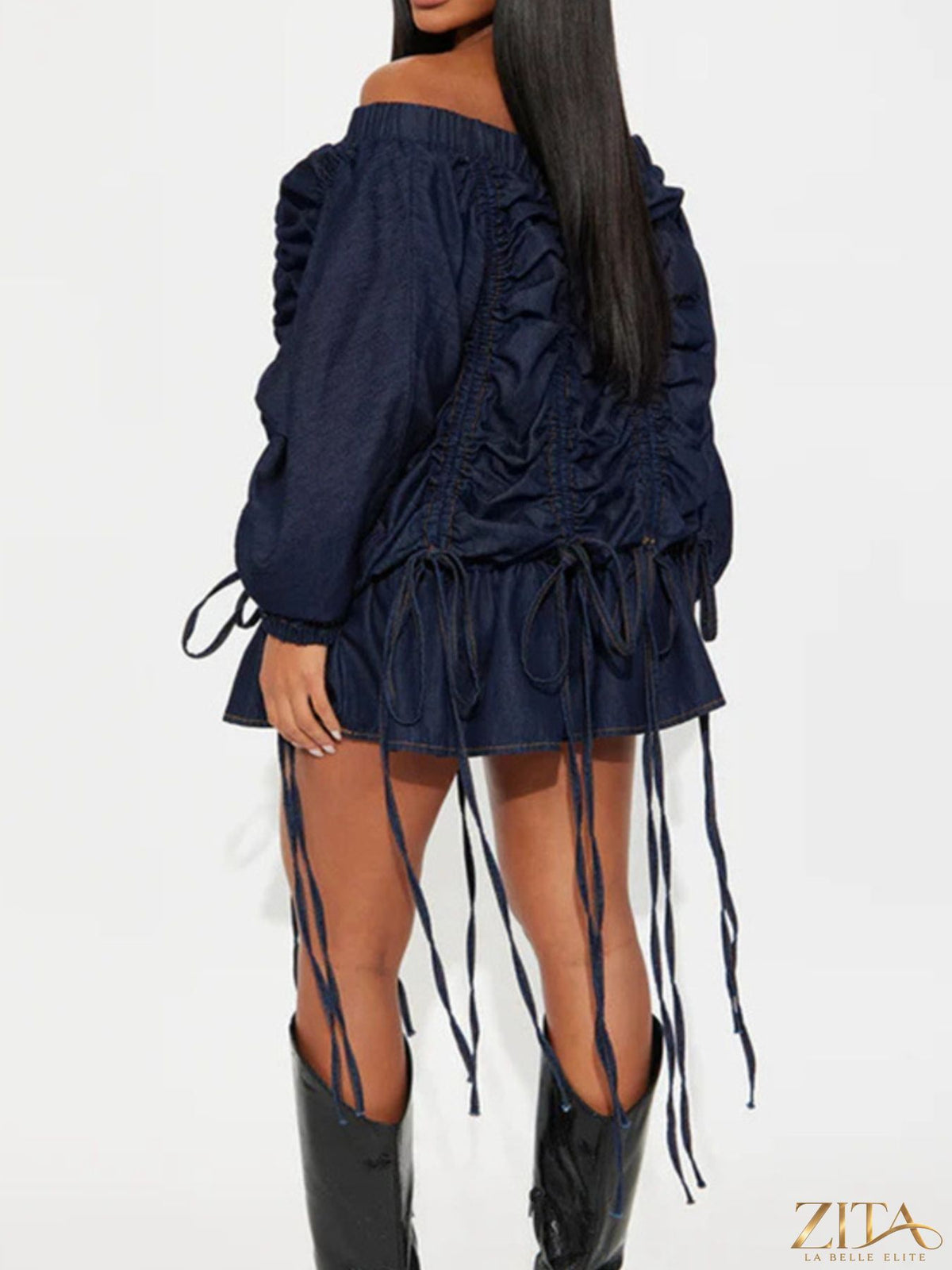 Off-shoulder ruched denim dress by Trendsi, featuring a fitted silhouette with long sleeves and stylish ruffle details.