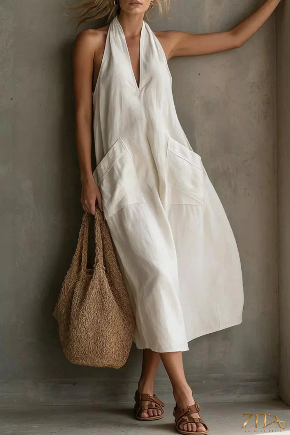 Zita La Belle Elite casual halter neck midi dress with front pockets, lightweight fabric, and relaxed fit perfect for summer wear.