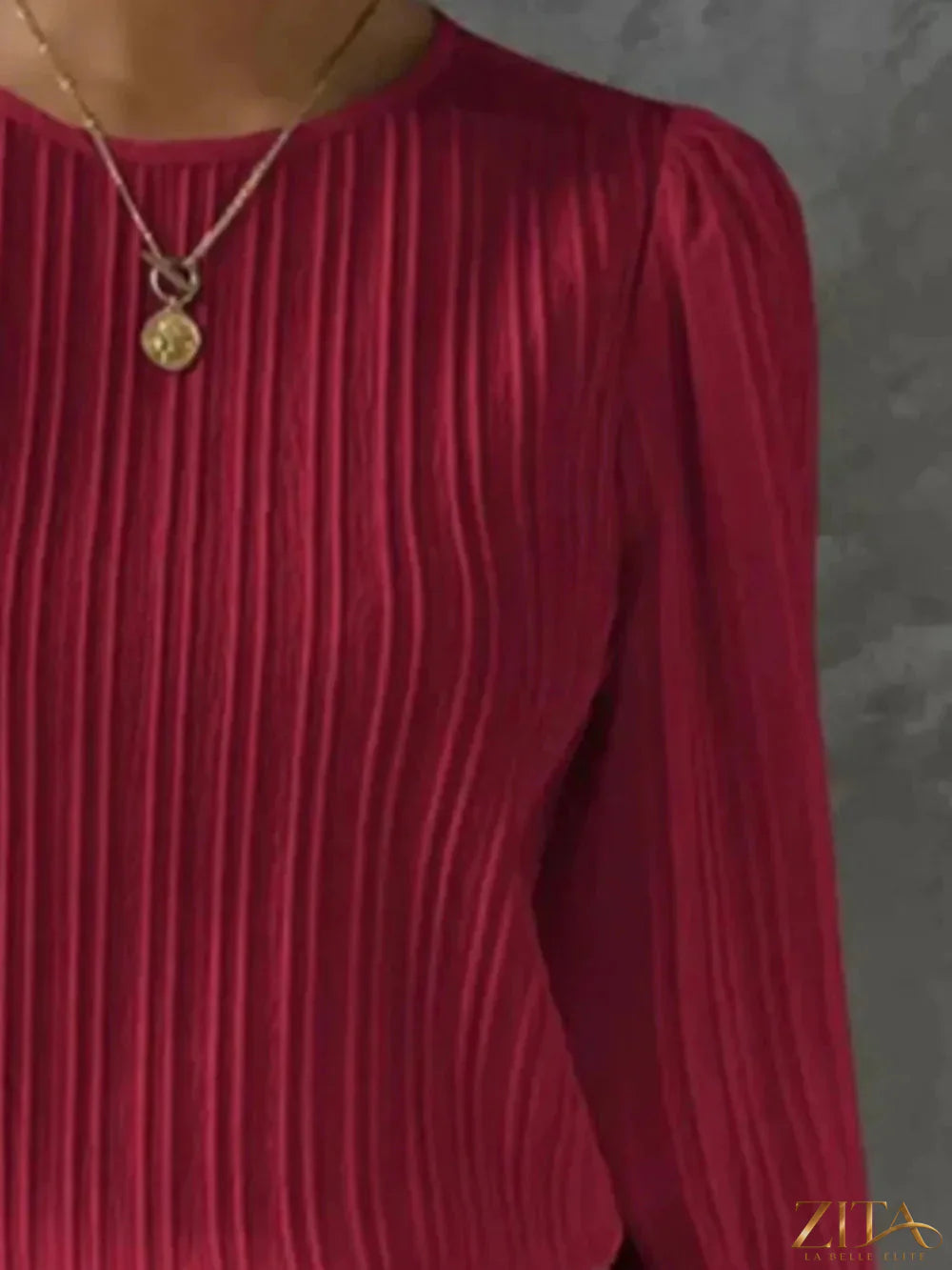 Zita La Belle Elite round neck long sleeve blouse in soft fabric, displayed flat with button details and relaxed fit.