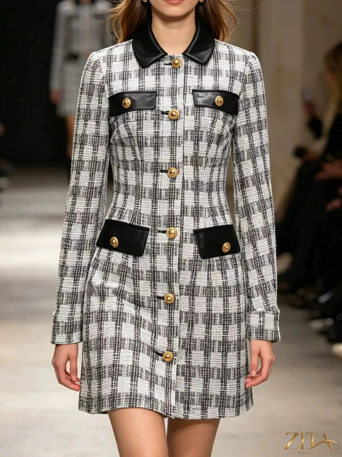 Zita La Belle Elite long sleeve plaid tweed button-down mini dress with collar and fitted silhouette, stylish fall fashion.
