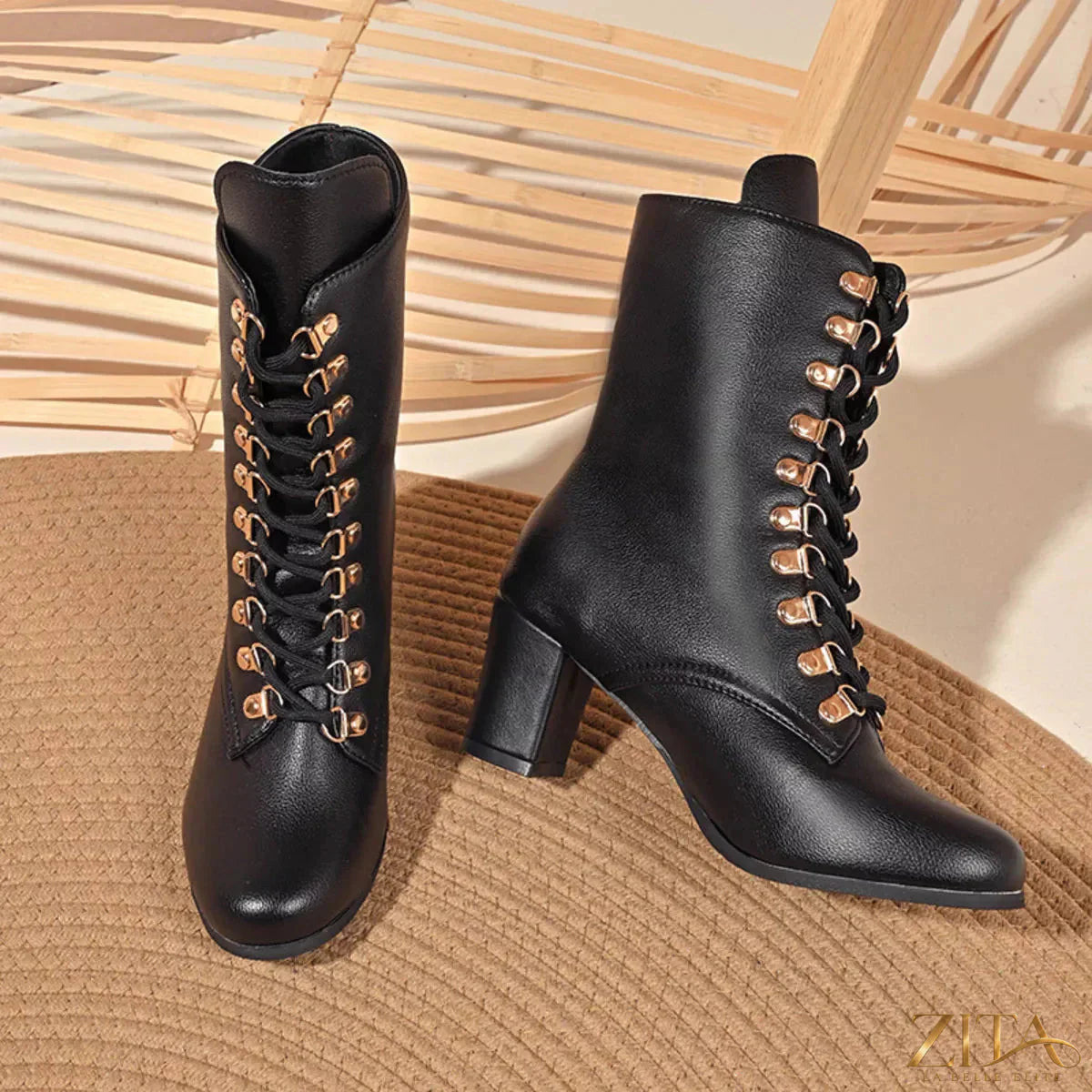 Zita La Belle Elite lace-up boots with block heel, black leather footwear featuring sturdy soles and stylish design.