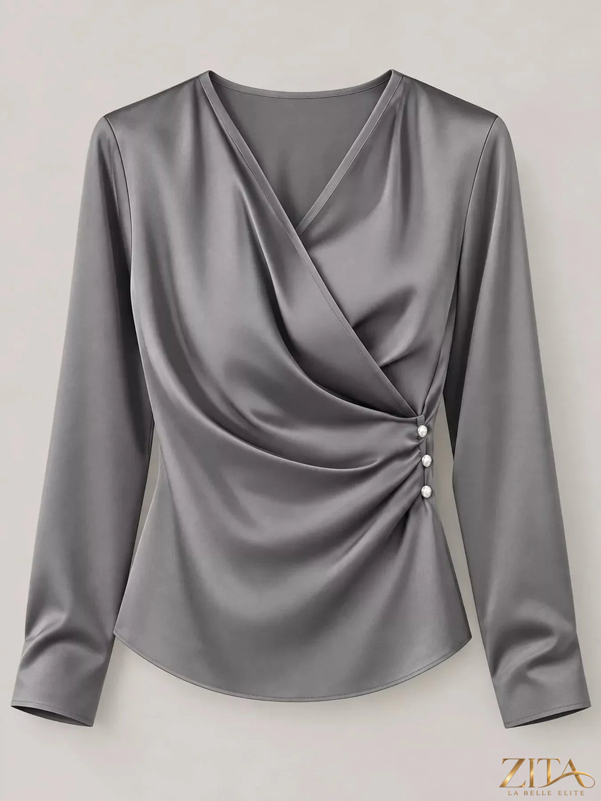 Zita La Belle Elite satin surplice long sleeve blouse with V-neck and elegant draping, shown in soft fabric and stylish fit.