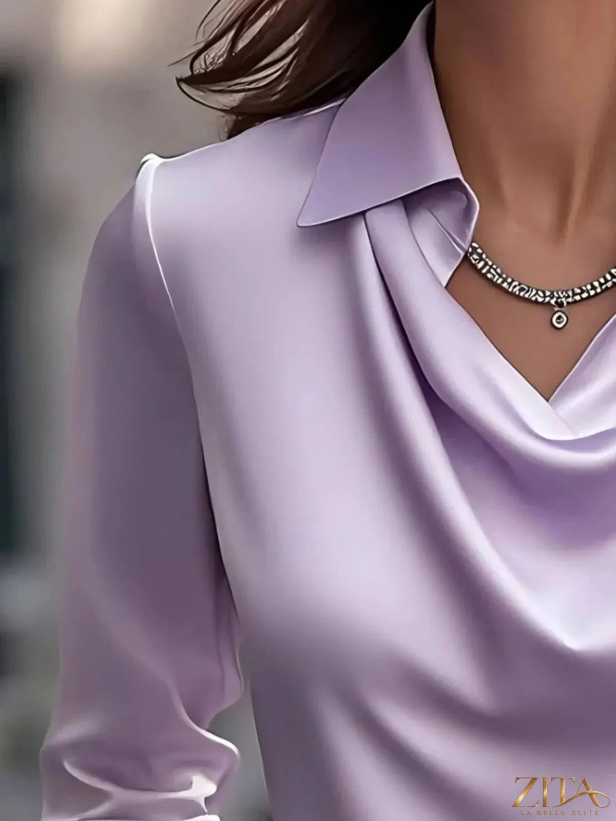Zita La Belle Elite satin collar long sleeve blouse with button-up front and elegant design, shown in soft fabric detail.