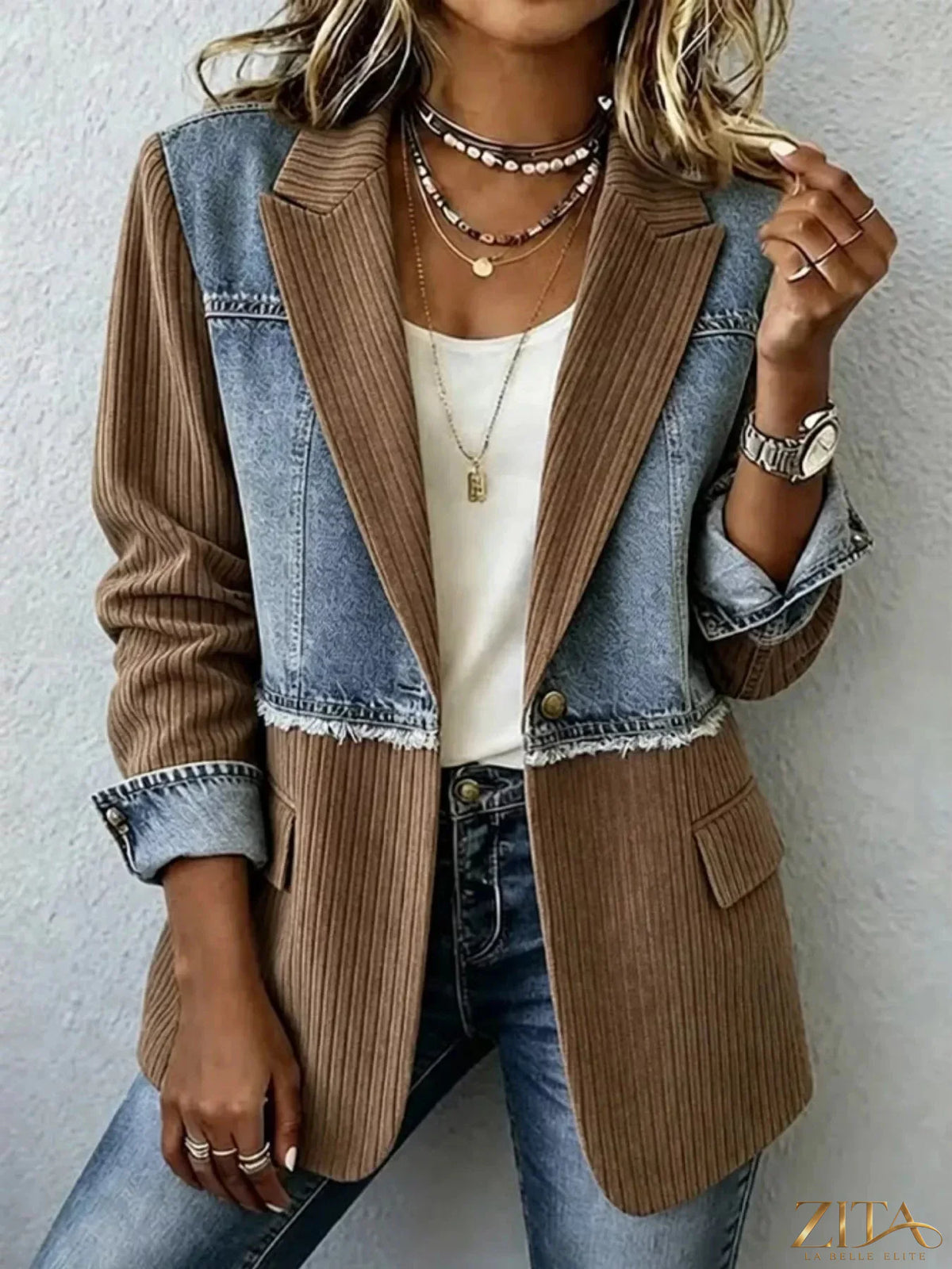 Full size patchwork denim blazer by Zita La Belle Elite with ribbed design, stylish plus size blazer for casual or chic outfits.