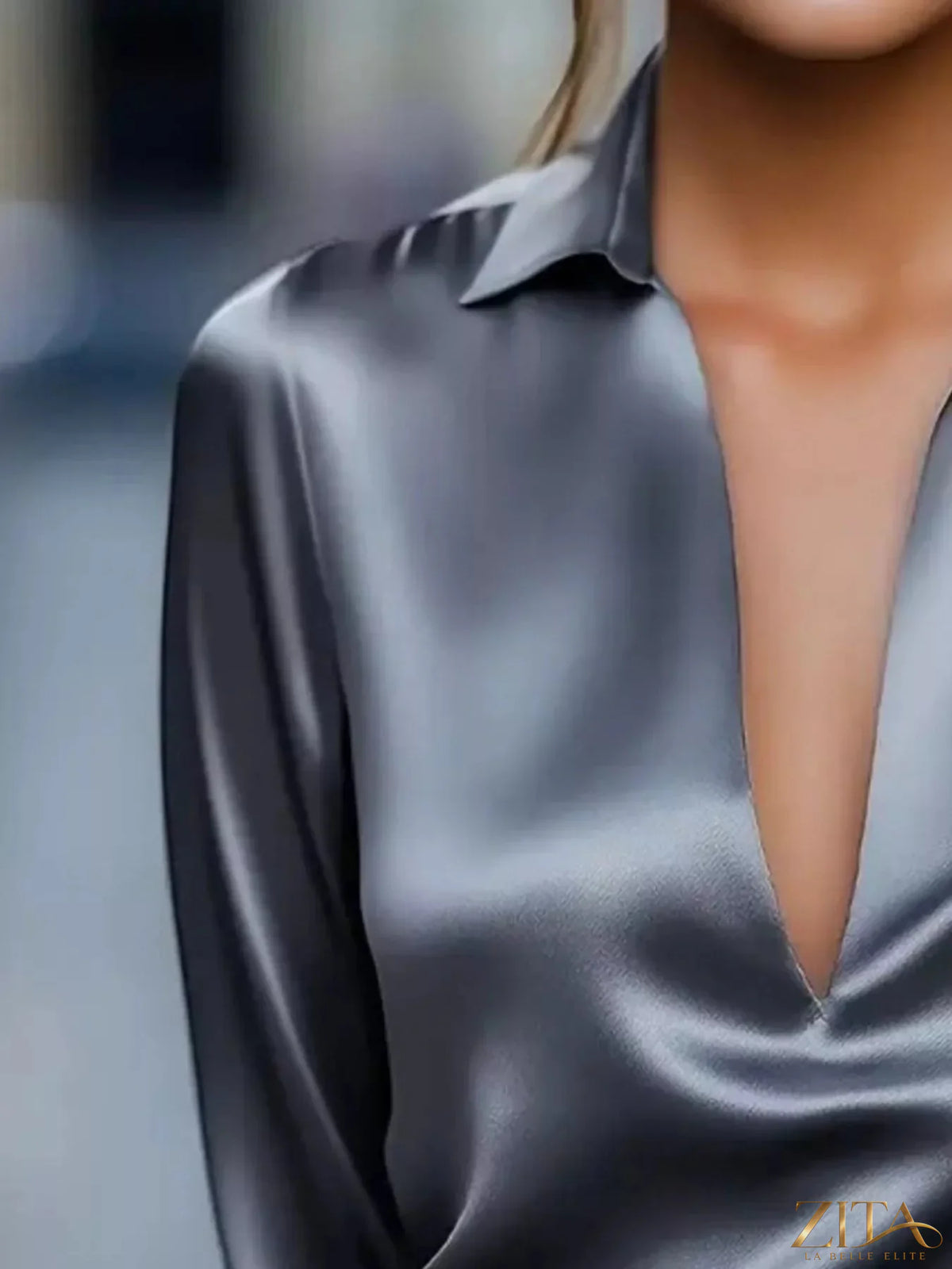 Zita La Belle Elite satin Johnny collar long sleeve blouse with button front and elegant design, shown in a close-up image.