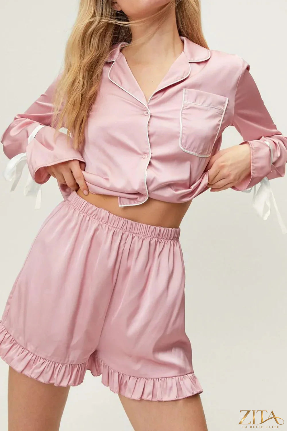Zita La Belle Elite Basic Bae tied cuff collared neck top and frill shorts lounge set displayed on a model, casual and stylish outfit.