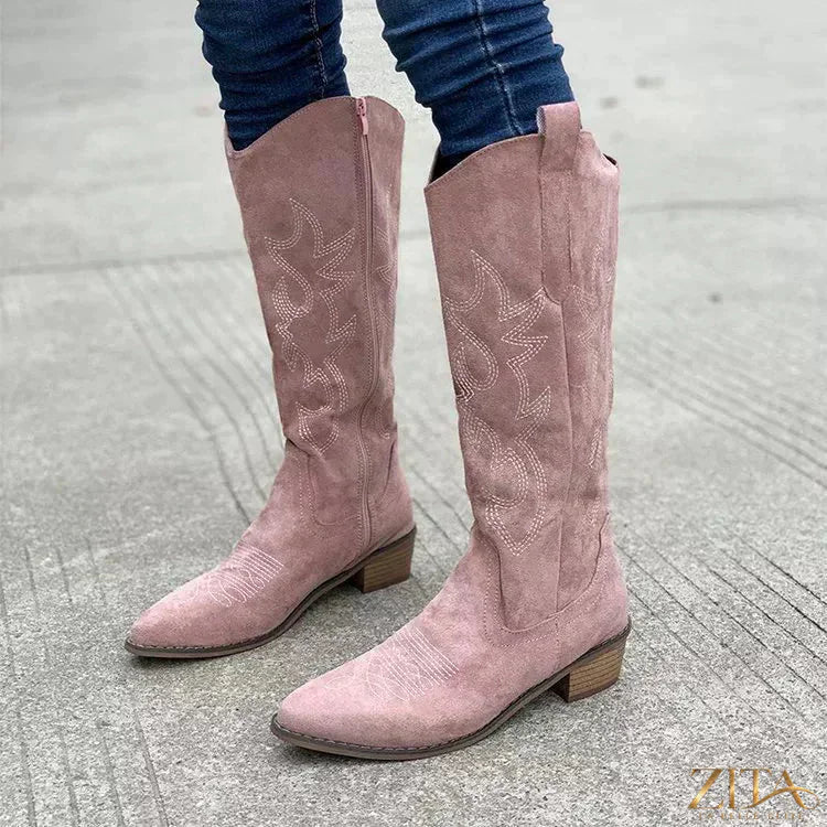 Zita La Belle Elite point toe block heel boots featuring sleek design and stylish black leather finish.
