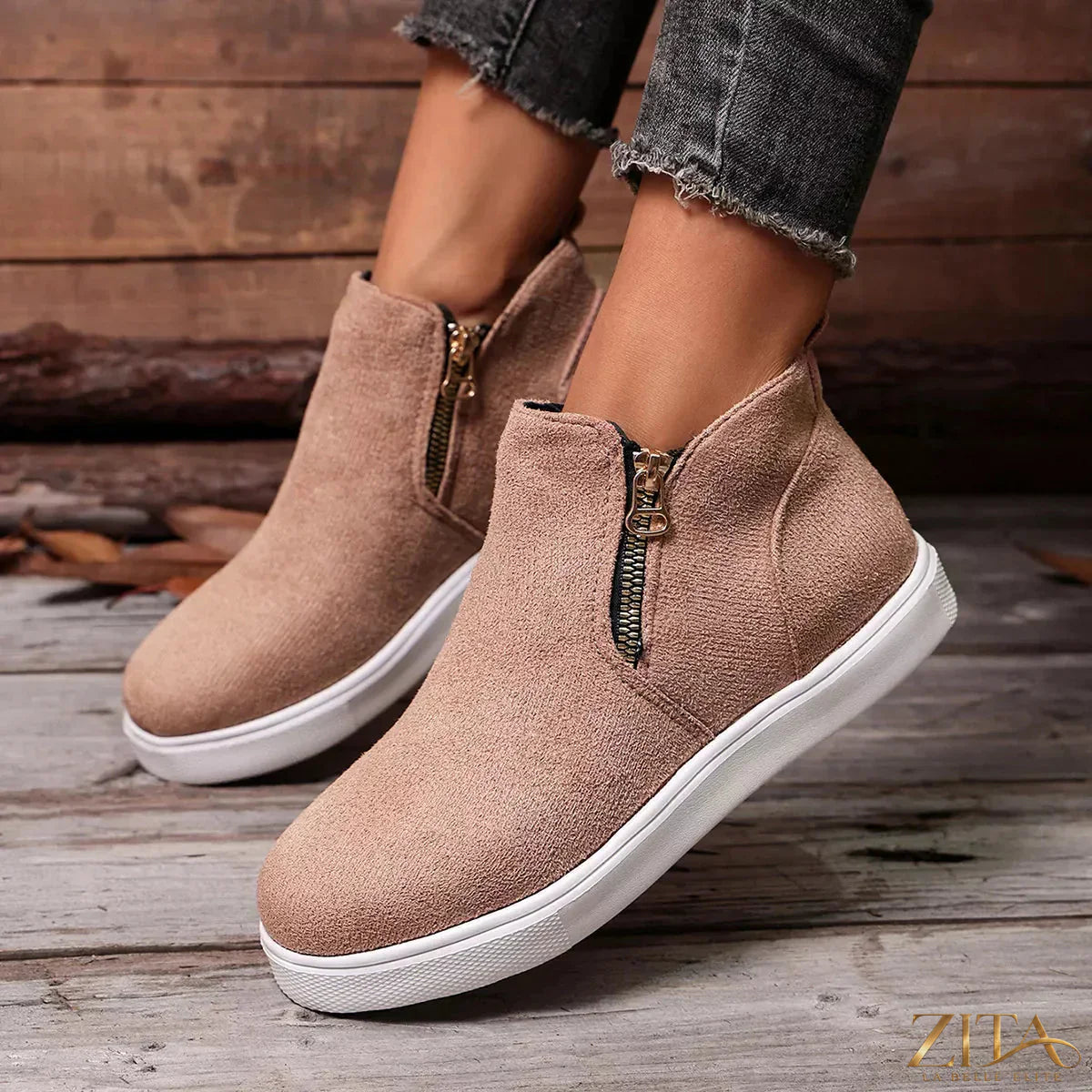 Zita La Belle Elite side zipper flat sneakers with white and black color, casual footwear with zipper detail and sleek design