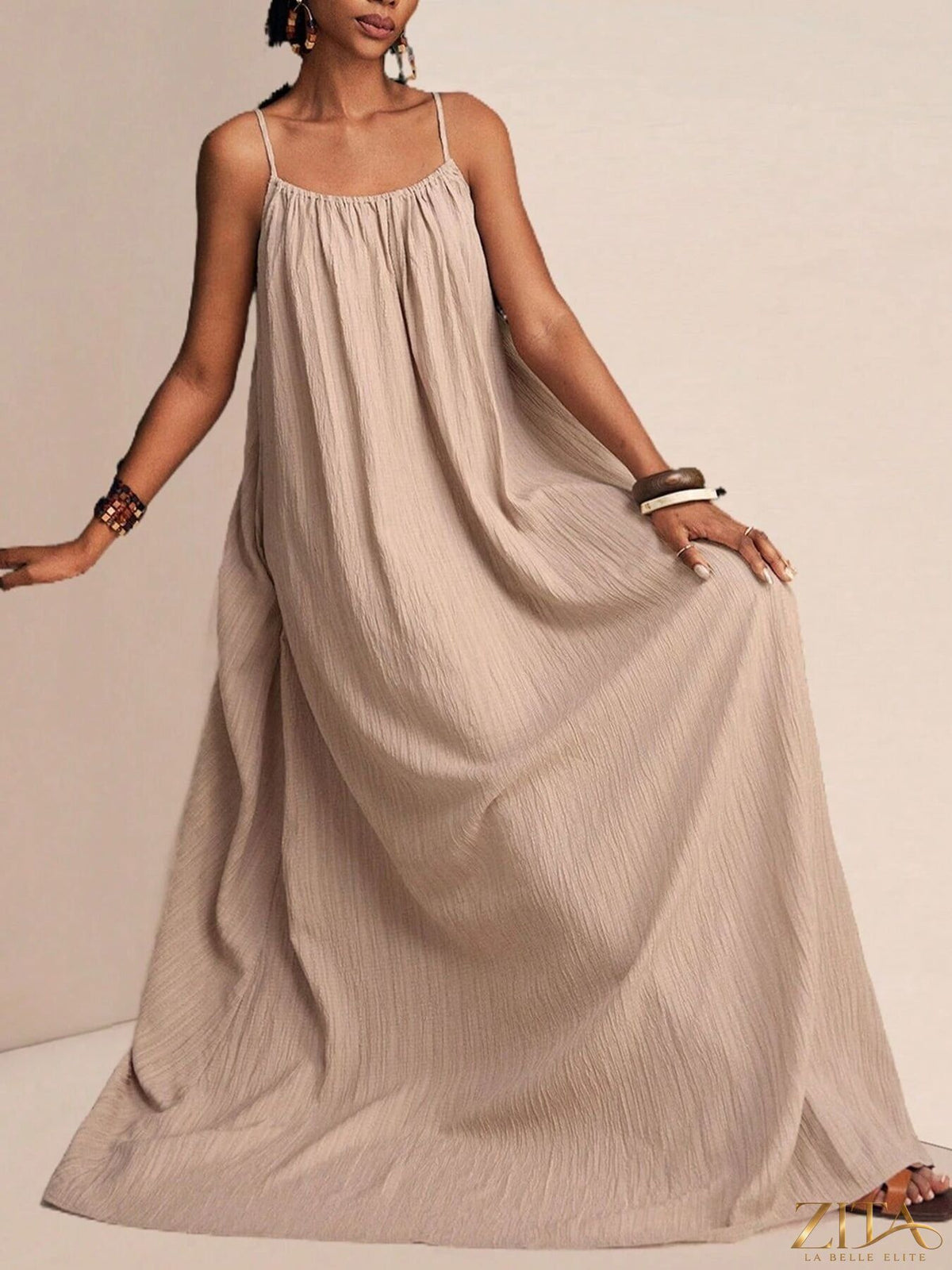 Zita La Belle Elite spaghetti strap flowy maxi dress in lightweight fabric, featuring a relaxed silhouette and elegant design.