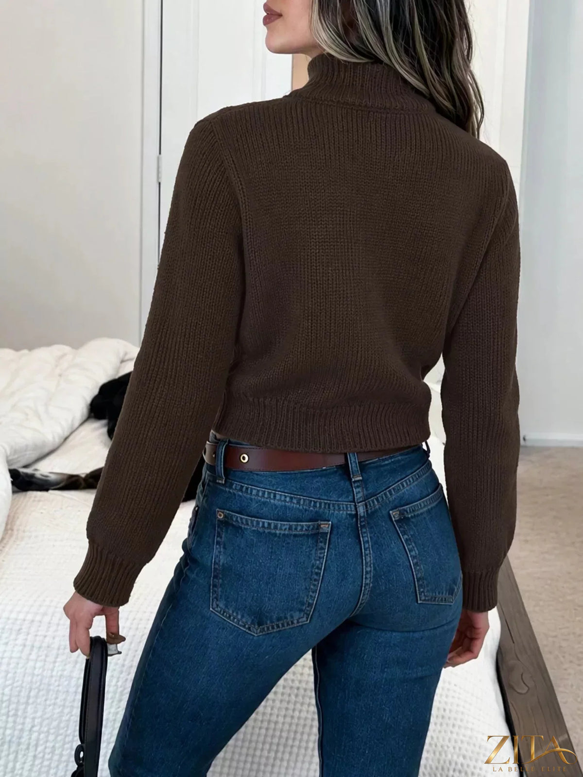 Zita La Belle Elite horse zip-up mock neck cardigan in soft knit, featuring a high collar and front zipper for a stylish look.