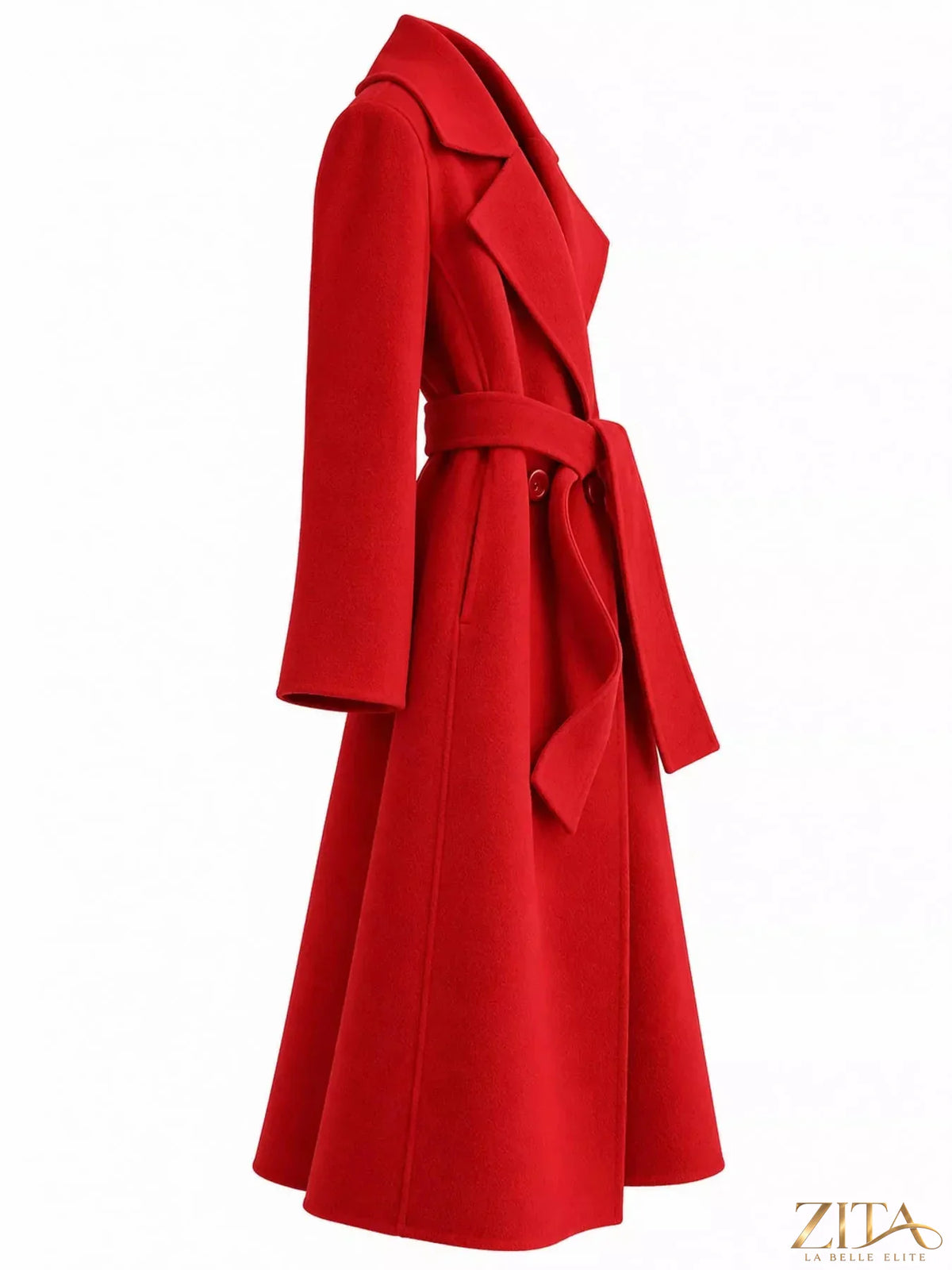 Zita La Belle Elite longline wool coat with waist-defining belt, stylish and warm outerwear for cold weather.