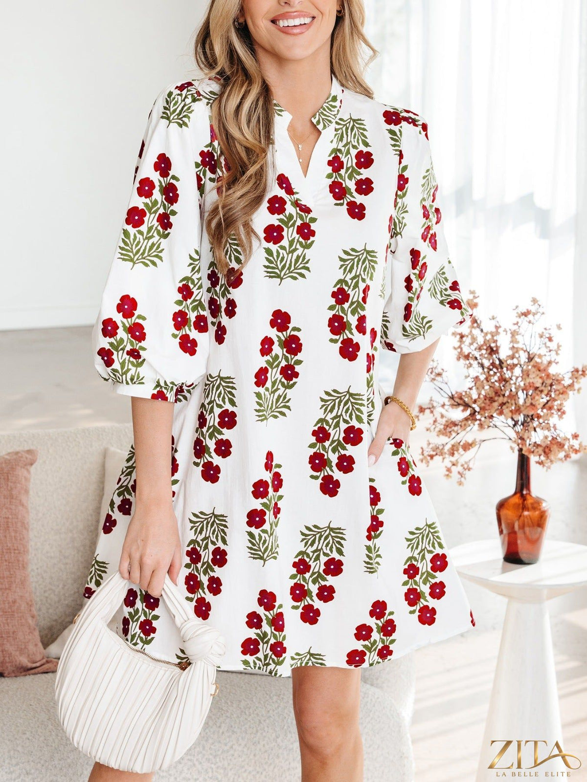 Zita La Belle Elite floral print casual mini dress with short sleeves and V-neck, featuring colorful flower patterns.
