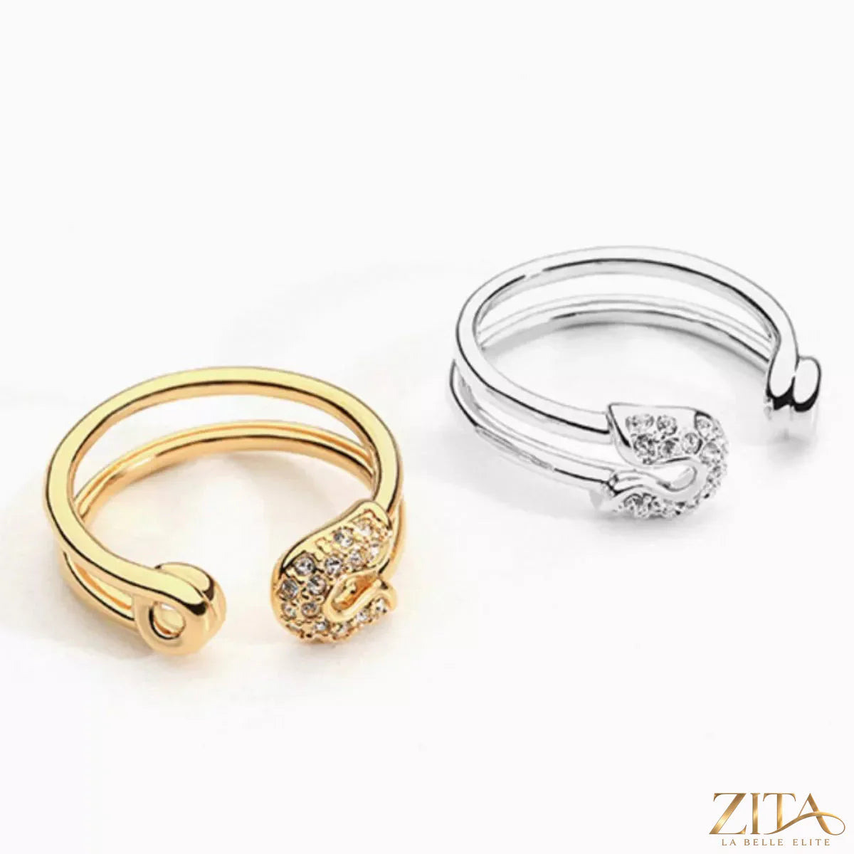 Zita La Belle Elite Zircon double band open ring featuring sparkling zircon stones and a sleek silver finish.