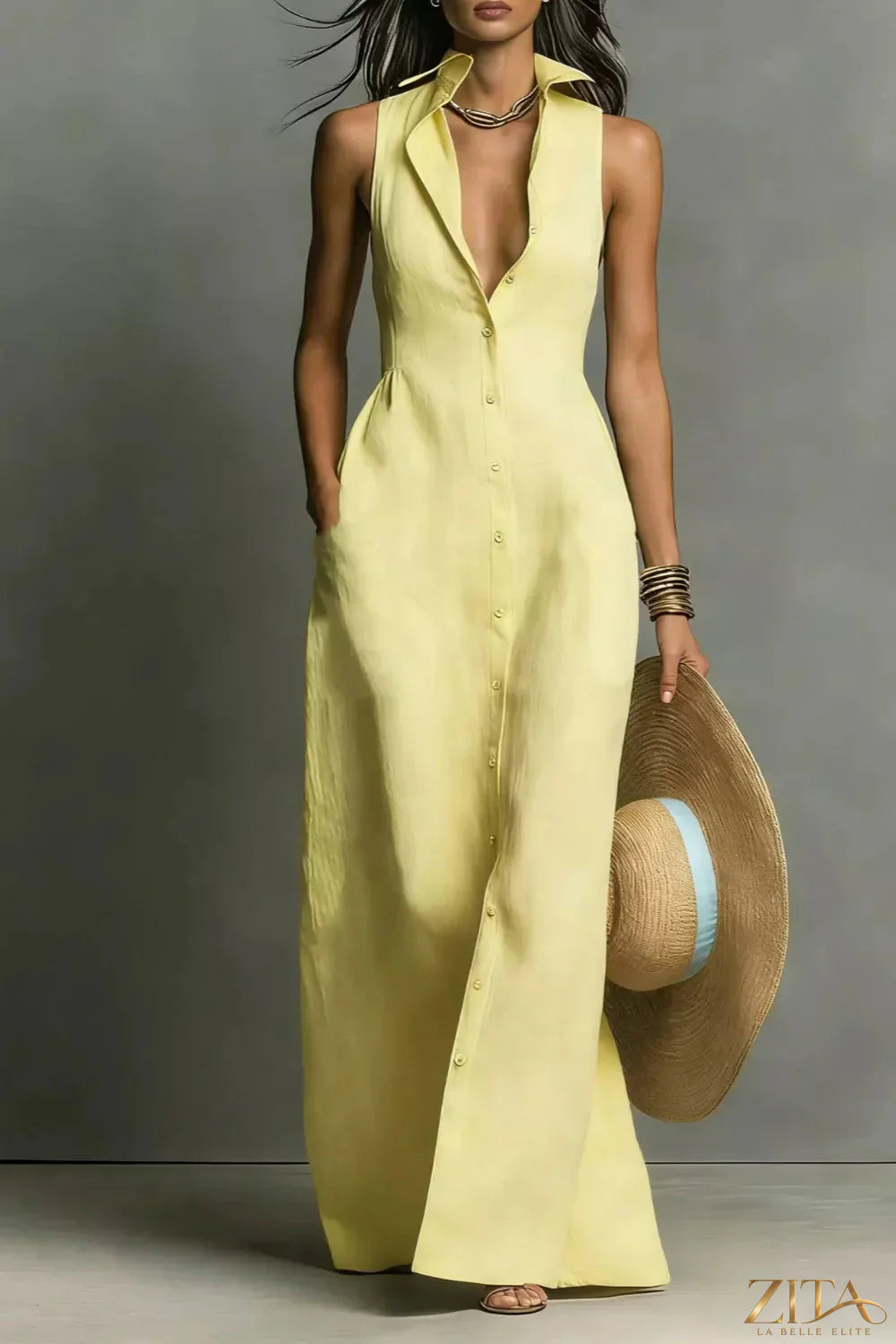 Zita La Belle Elite sleeveless button-down maxi dress in flowing fabric, showing the full length and front button details.