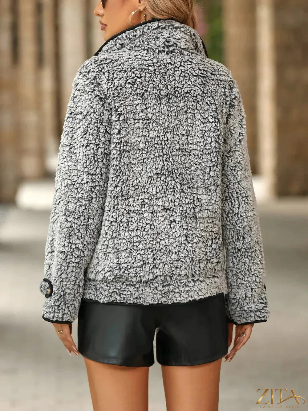 Zita La Belle Elite fuzzy pocketed button-up jacket in soft fabric, shown with front view and visible button details.