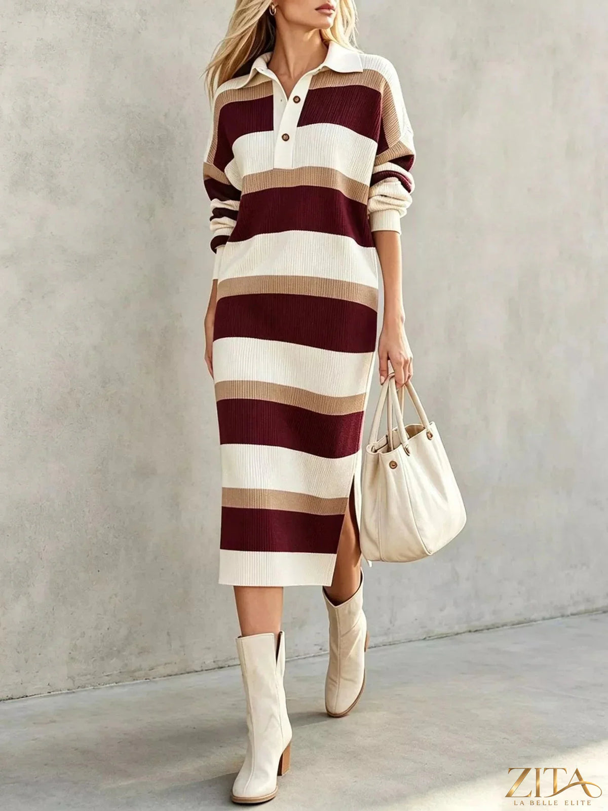 Zita La Belle Elite striped polo collar long sleeve sweater dress featuring a fitted silhouette and multicolor horizontal stripes