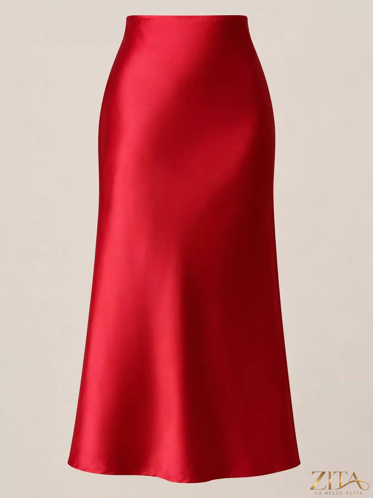 High-waisted satin midi skirt in a smooth, shiny fabric, featuring a sleek silhouette and a versatile, elegant style.