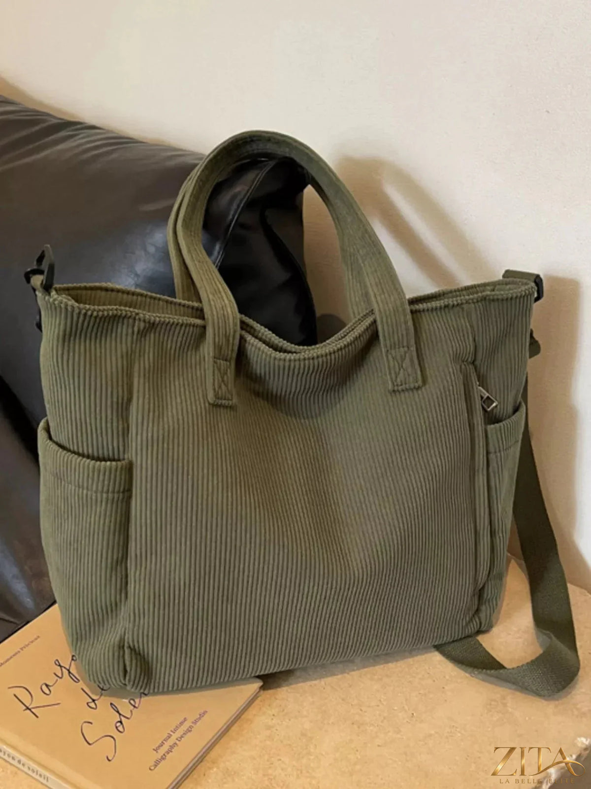 Zita La Belle Elite corduroy solid color handbag with top handle and zip closure, stylish accessory for casual or formal wear.