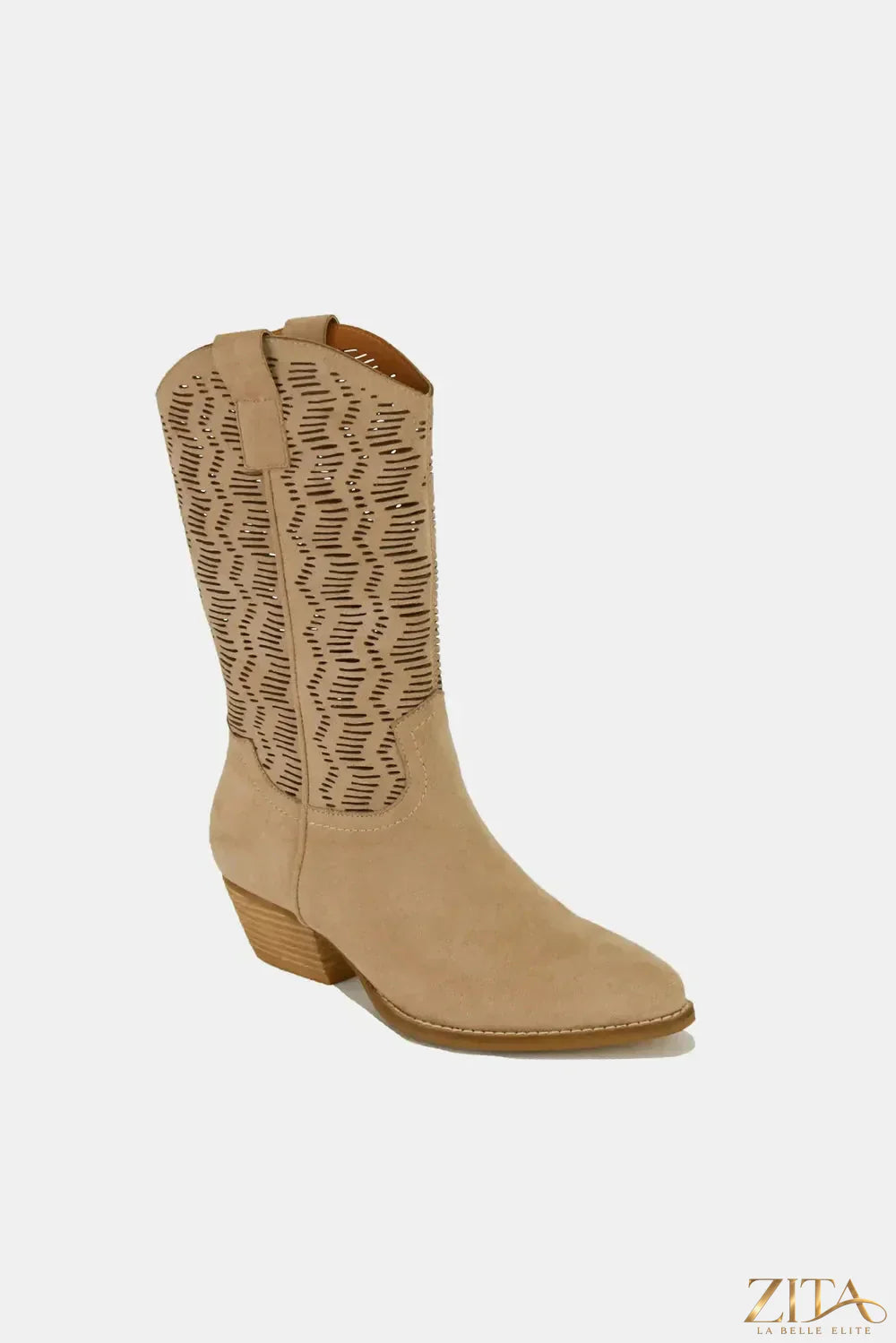 Zita La Belle Elite Beast Fashion faux suede block heel boots with laser cut detail and ankle height design.