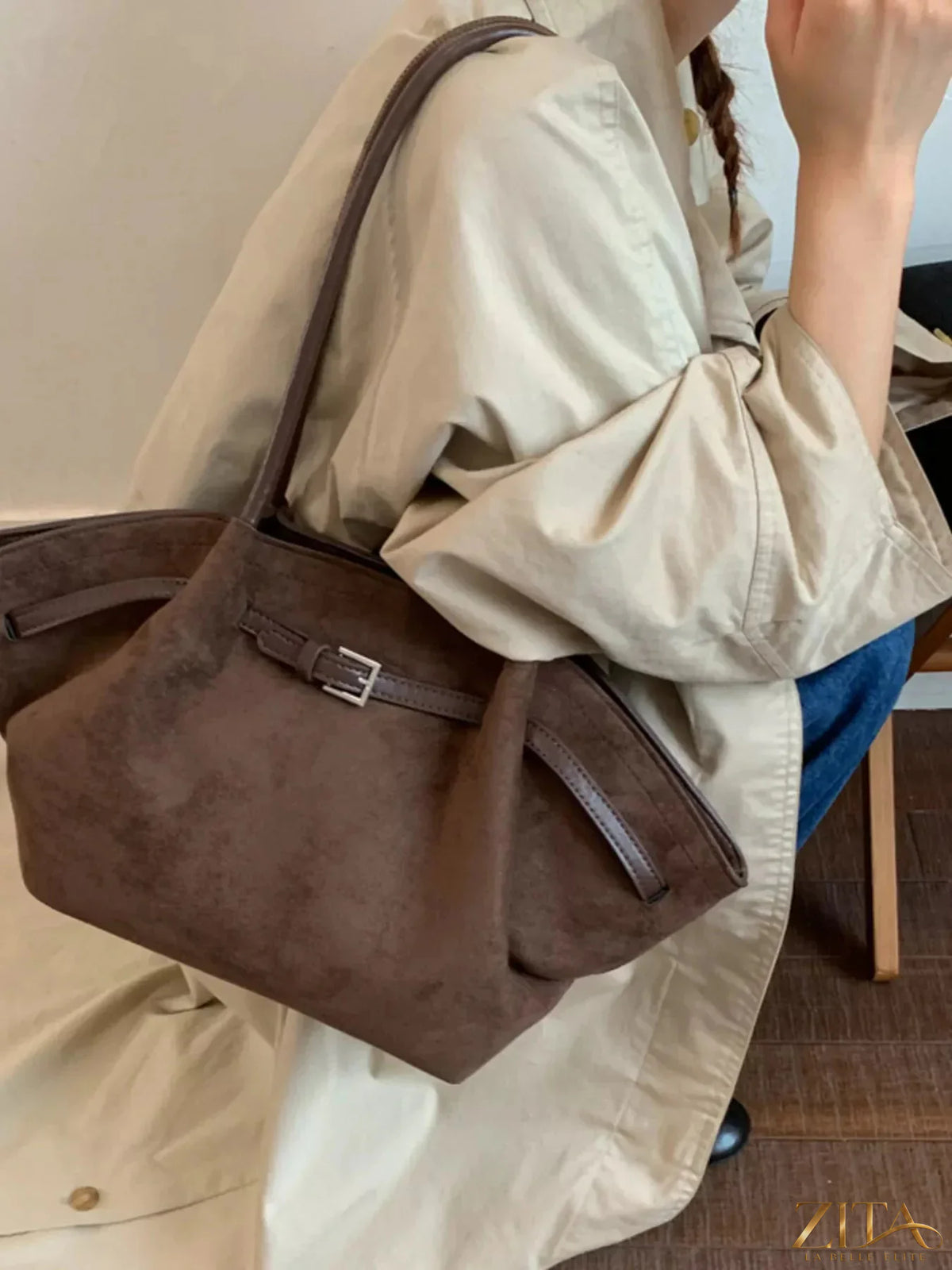 Zita La Belle Elite solid color buckle tote bag with top handles and a sleek design, showcasing its spacious interior and stylish finish.