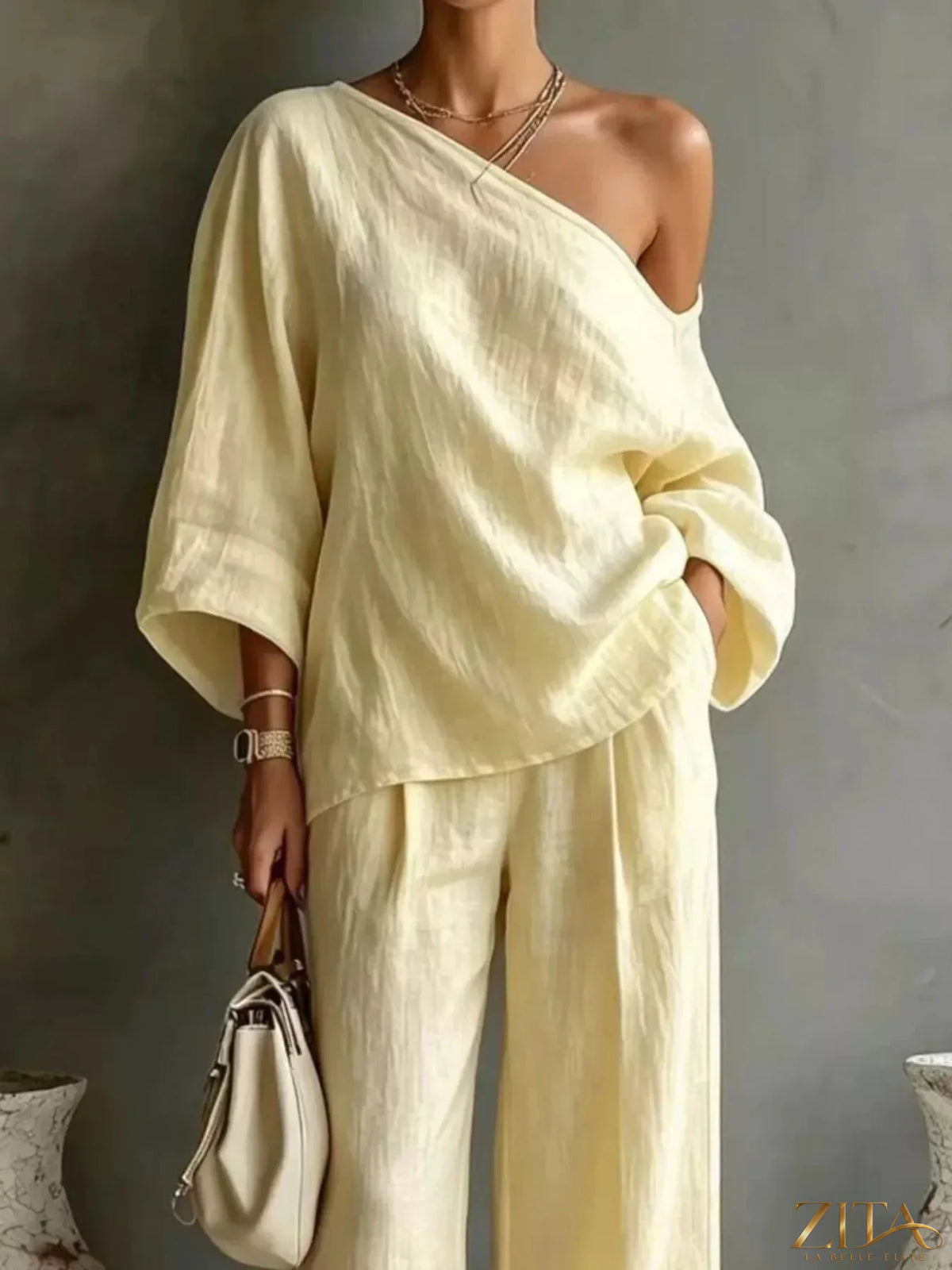 Zita La Belle Elite one shoulder top and wide leg pants set in soft fabric, stylish and comfortable for casual wear.