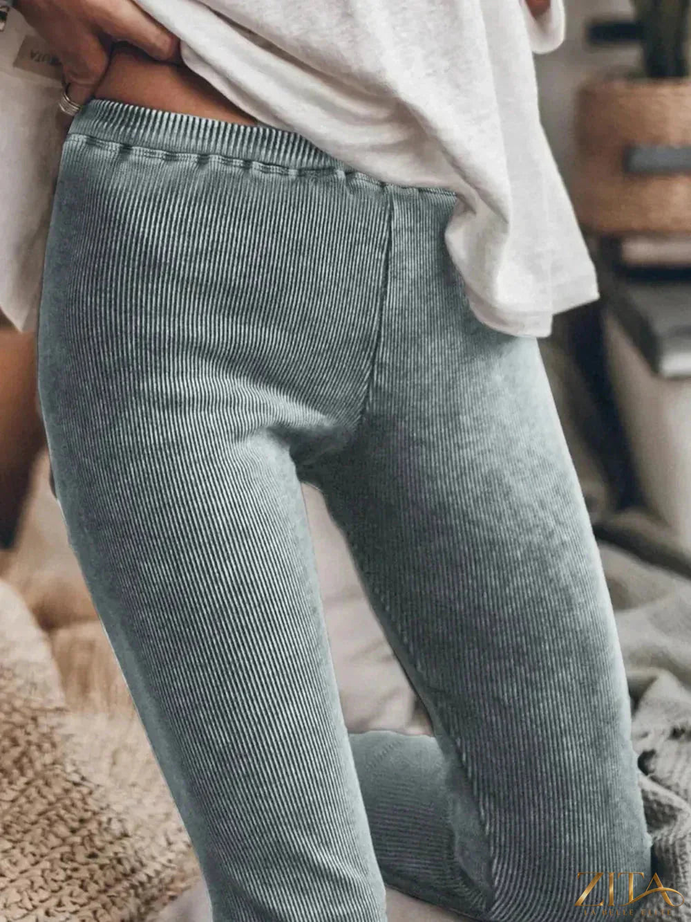 Ribbed elastic waist leggings from Trendsi, showcasing a close-up of the textured ribbed fabric and high-waist fit.