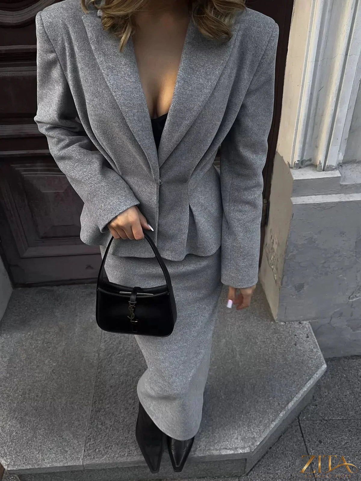 Trendsi Peplum blazer and matching skirt set, stylish tailored fashion, in a sleek professional look.
