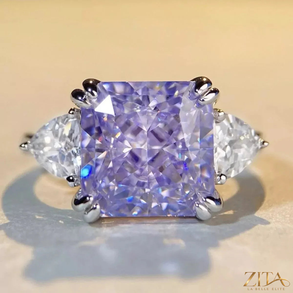 Sterling silver zircon geometric ring featuring a modern design, showcasing sparkling stones on a sleek band.