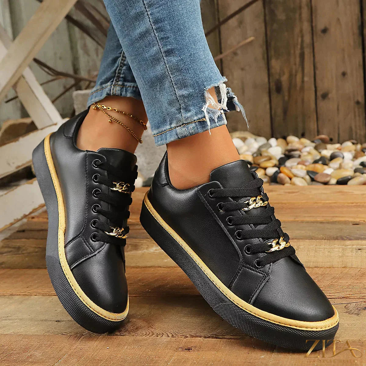 Zita La Belle Elite round toe platform sneakers with white laces and chunky soles, stylish footwear for casual wear.