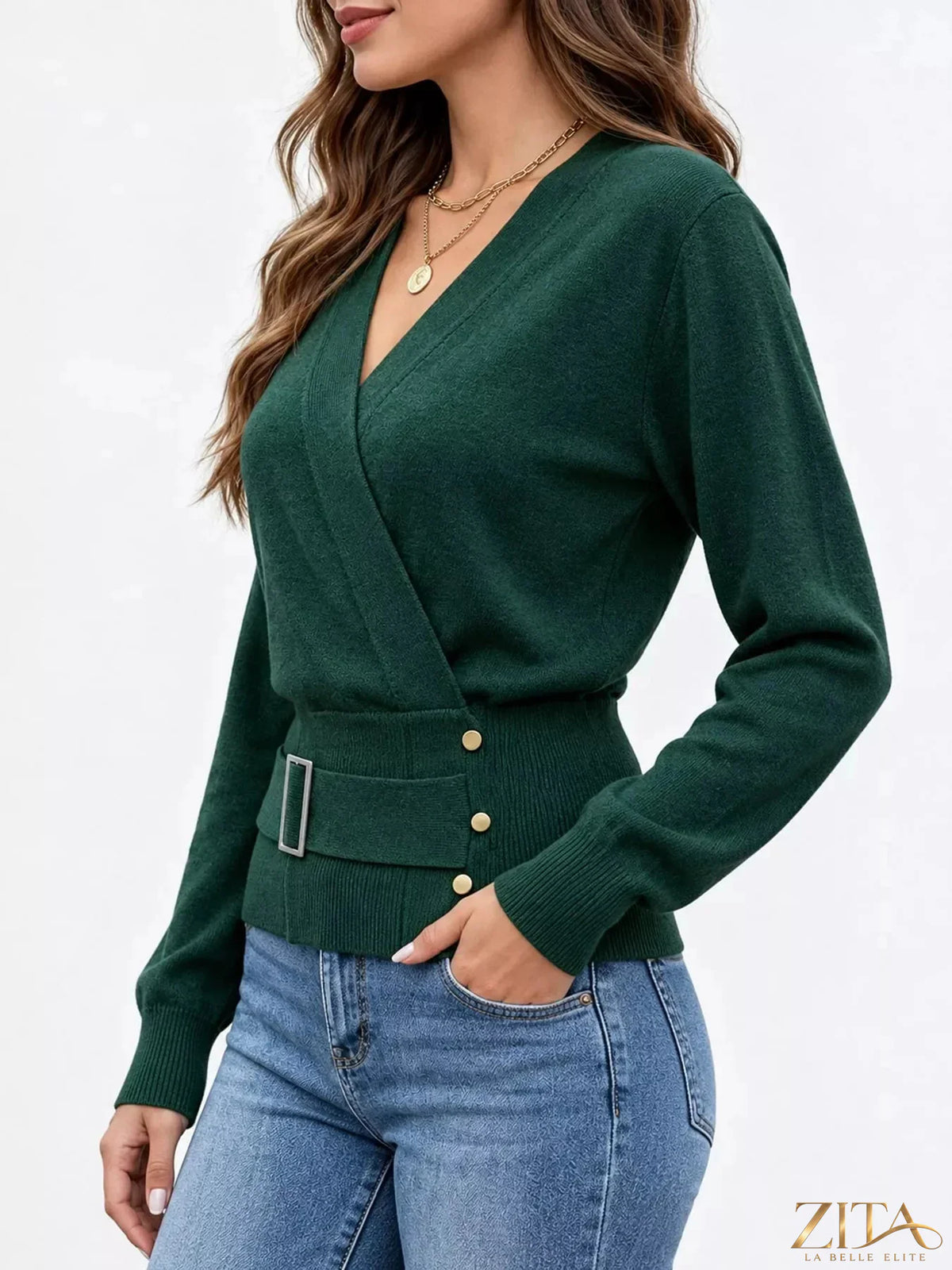 Zita La Belle Elite surplice long sleeve knit top with elastic waist in a stylish, fitted design.