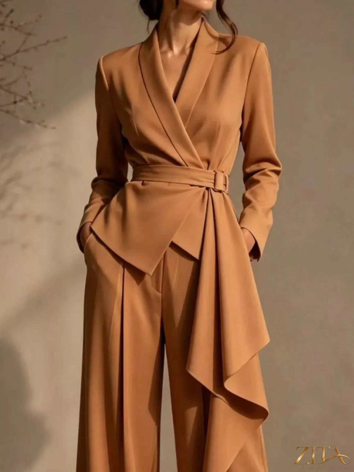 Plus size Zita La Belle Elite belted blazer and wide-leg pants set, shown in a full size, with tailored fit and stylish design.