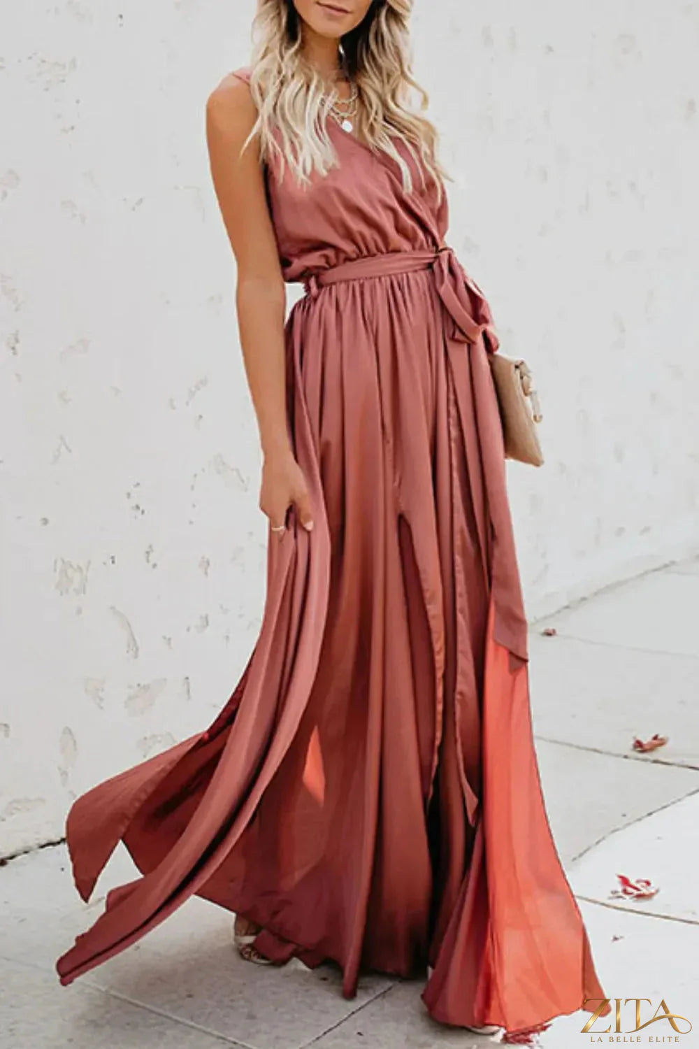 Zita La Belle Elite surplice tie waist maxi dress in flowing fabric with a deep V neckline and elegant silhouette.