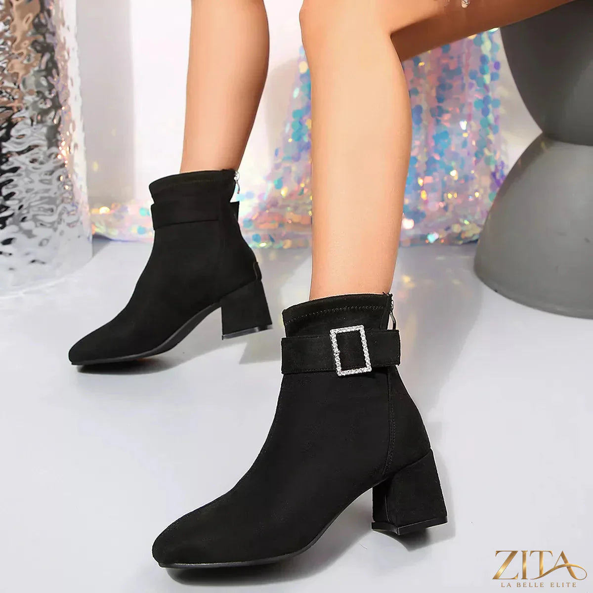 Zita La Belle Elite round toe block heel boots in black leather, featuring a sleek design and sturdy heel for stylish comfort.