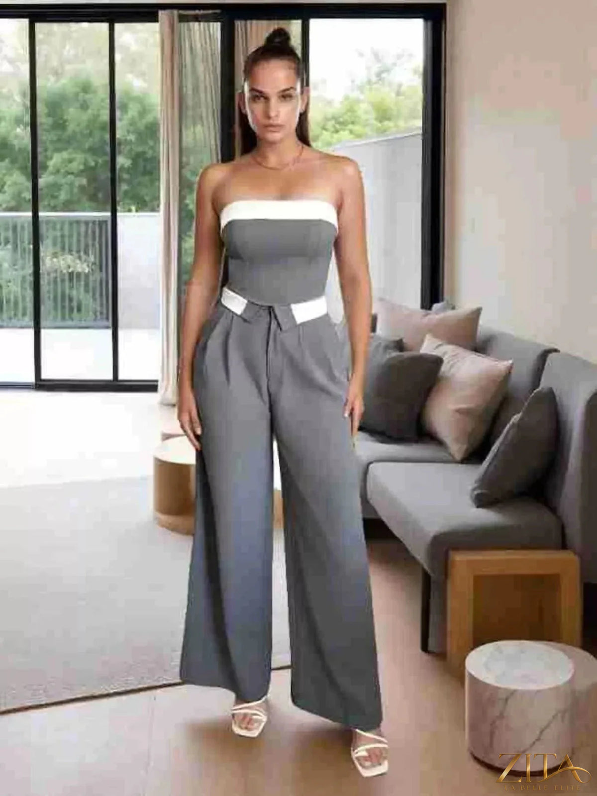 Zita La Belle Elite wide leg pants in soft fabric with high waist and relaxed fit, shown in a neutral color.
