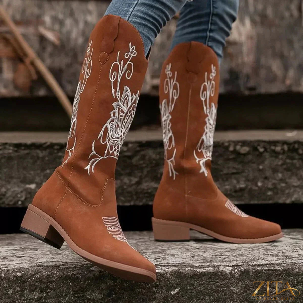 Zita La Belle Elite embroidered block heels boots featuring intricate embroidery and sturdy block heel for stylish footwear.