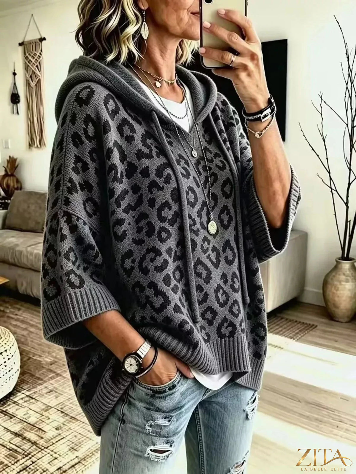 Zita La Belle Elite leopard print hooded sweater with drawstring details and long sleeves, casual and stylish for everyday wear.