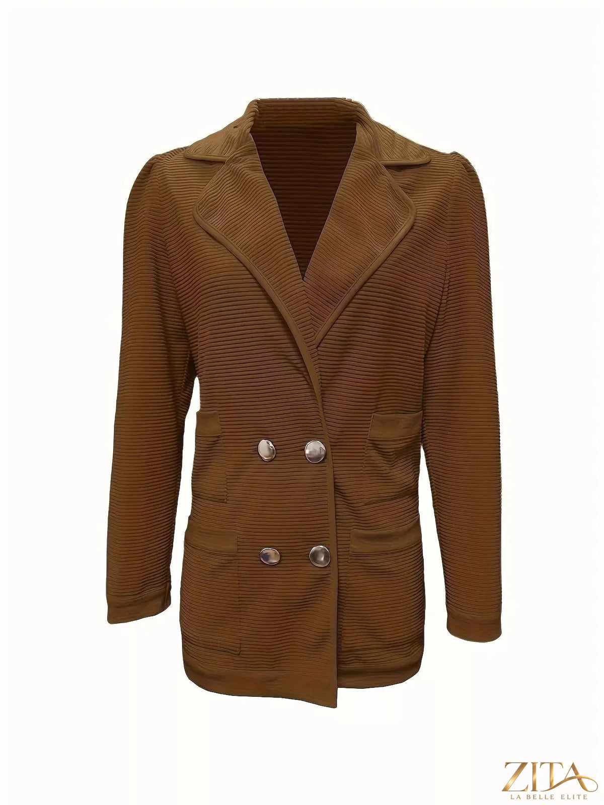 Zita La Belle Elite texture knit double-breasted blazer with notch lapels and front buttons, styled on a model.