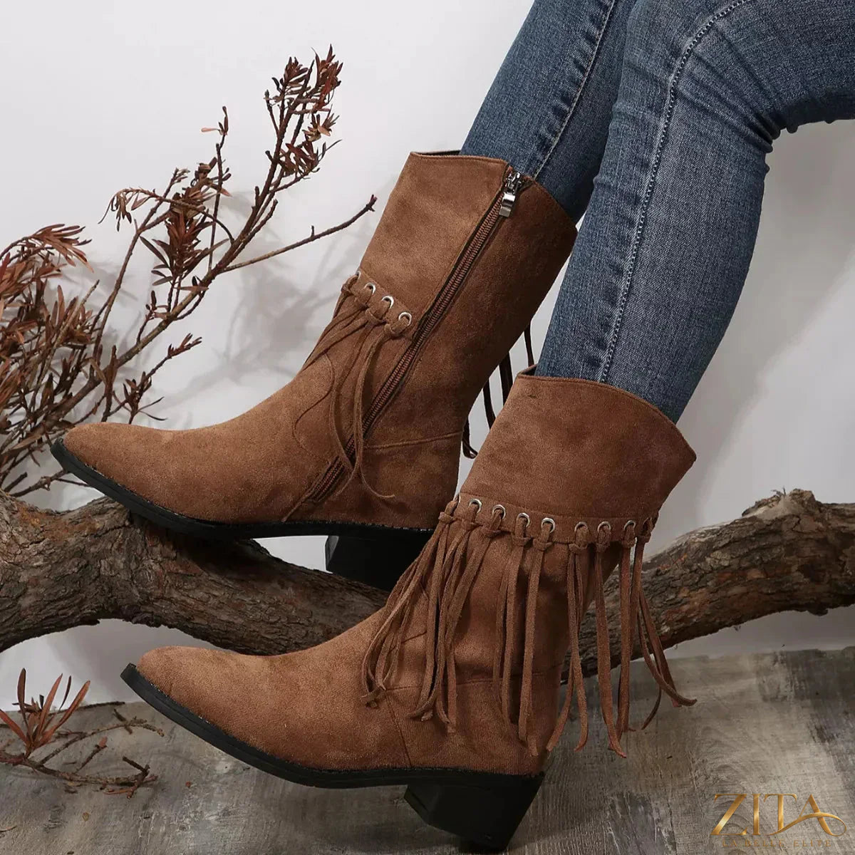 Zita La Belle Elite fringe Western block heel boots with leather accents and decorative fringe detailing.