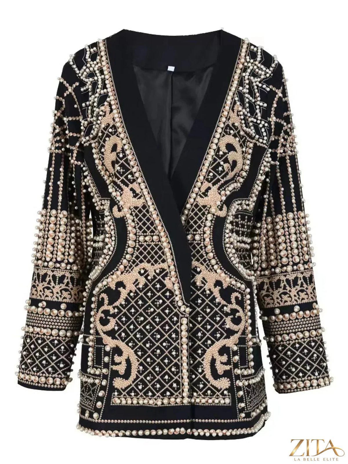 Plus size Zita La Belle Elite embellished pearl blazer with a single button, tailored and stylish for sophisticated looks.