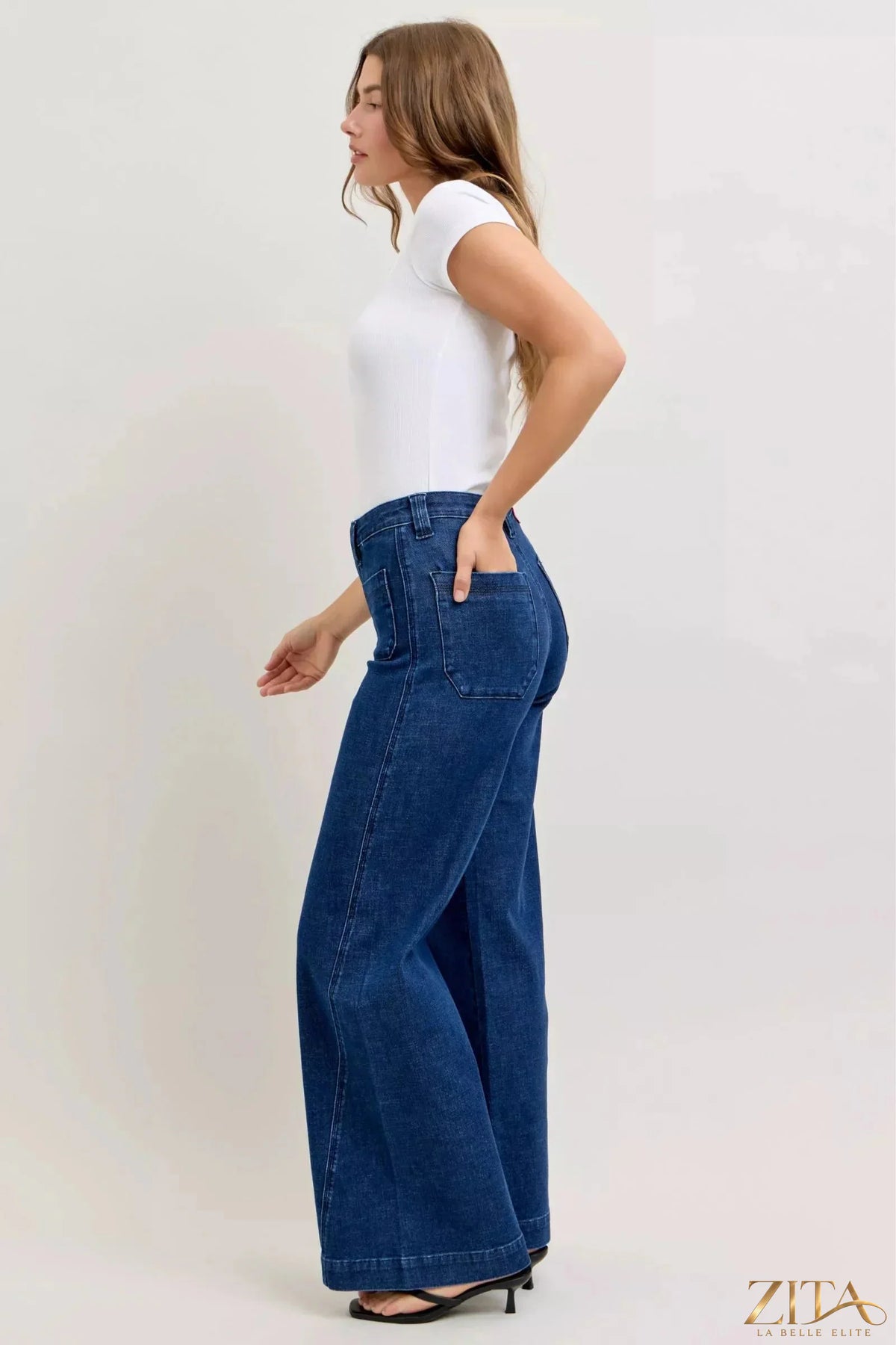 Zita La Belle Elite Judy Blue high-waisted retro wide-leg jeans displayed on a hanger, showcasing their vintage-inspired style and fit.