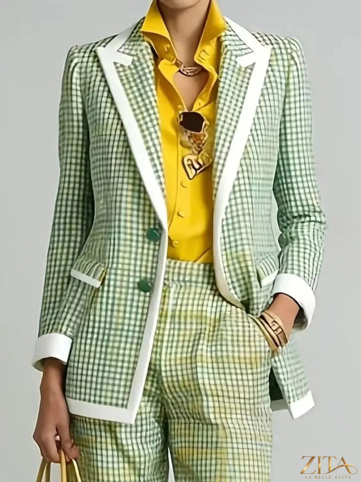 Zita La Belle Elite plaid blazer and pants suit set featuring a stylish tailored blazer and matching trousers in a classic plaid pattern.