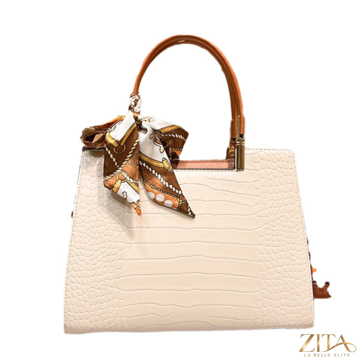 Crocodile embossed top handle handbag by Zita La Belle Elite with attached scarf, featuring a sleek, elegant design and textured leather finish.