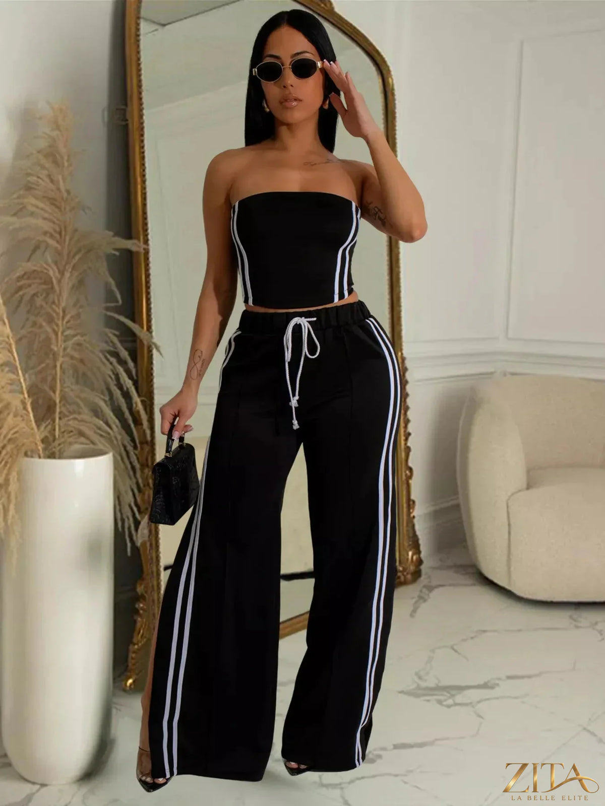 Zita La Belle Elite sleeveless tube top and wide-leg pants set in a stylish, coordinated outfit, shown on a model against a neutral background.