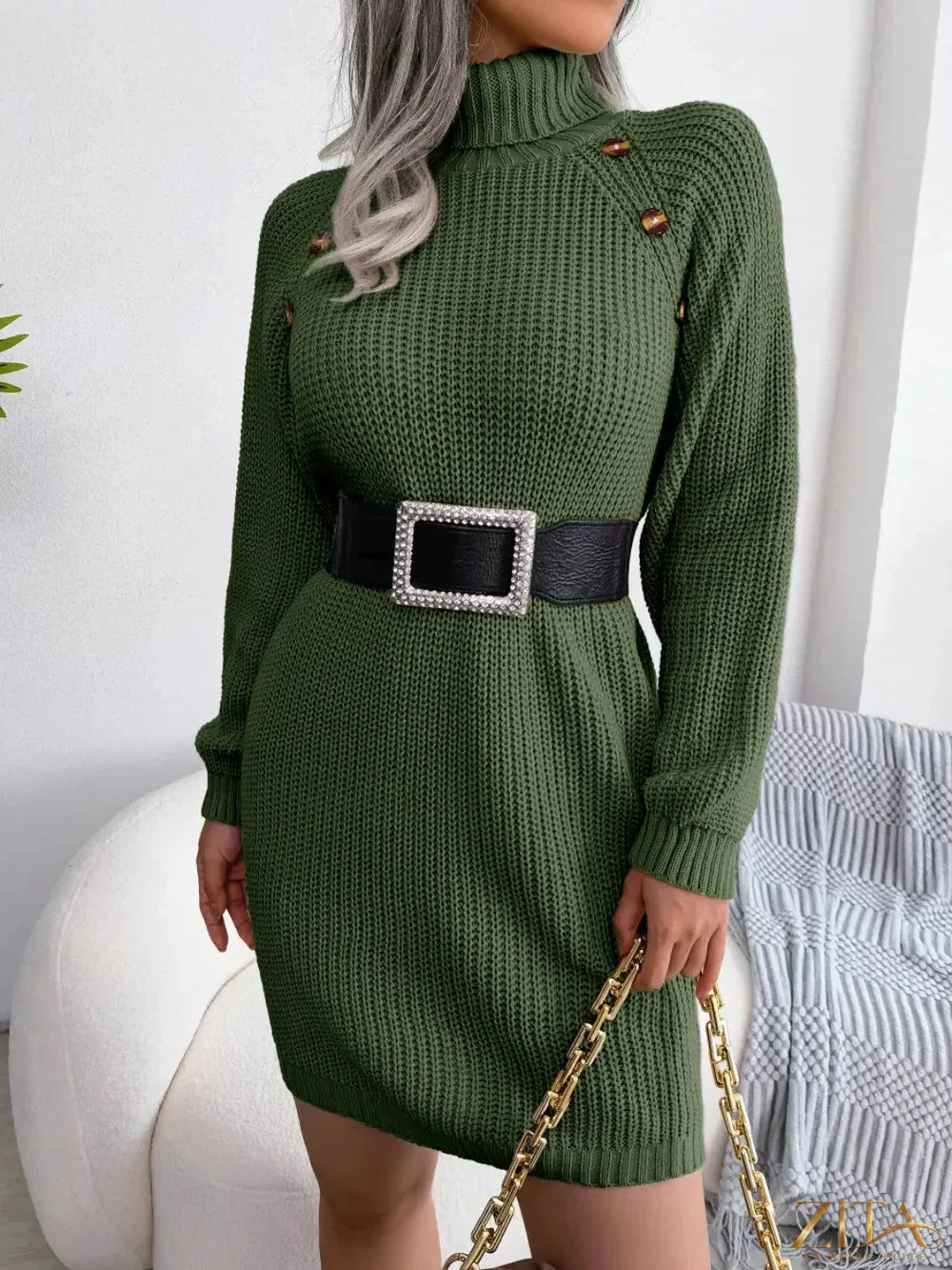 Decorative button turtleneck sweater dress by Trendsi featuring a cozy knit fabric and stylish design with buttons at the neckline.
