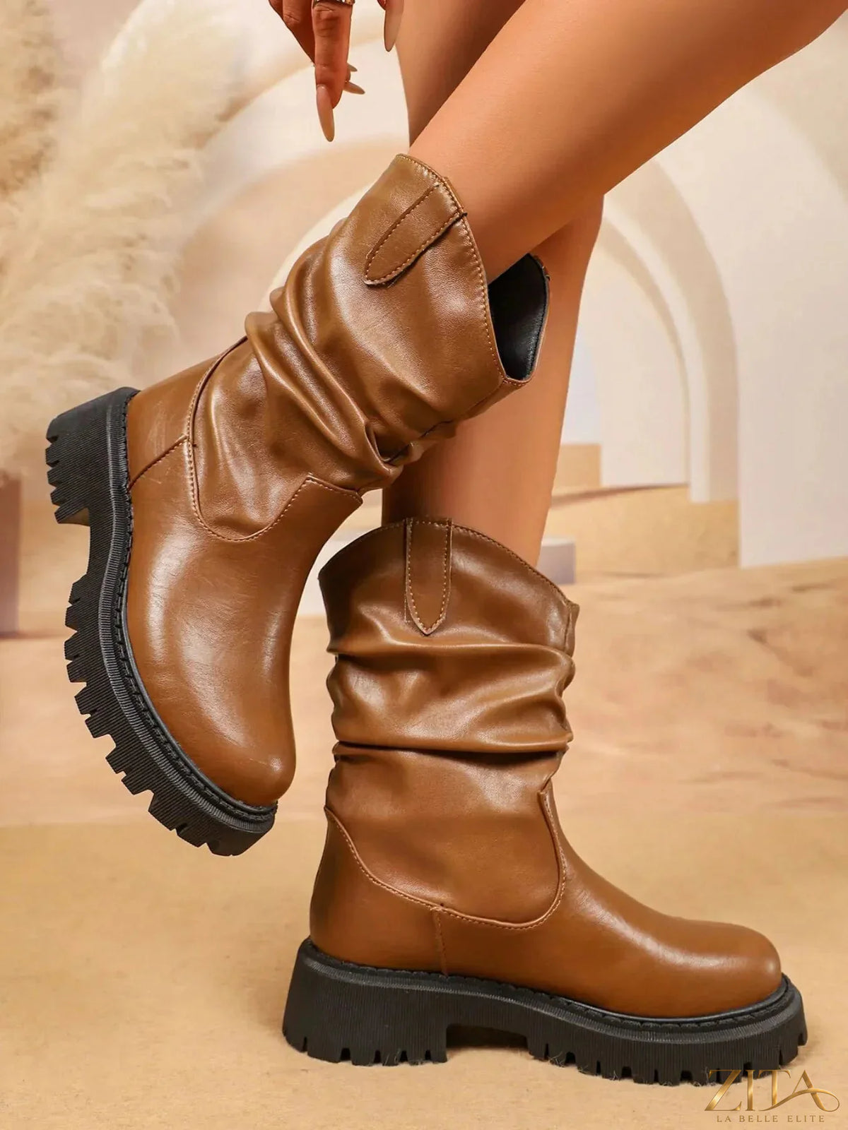 Zita La Belle Elite round toe platform boots with chunky heels and stylish design, front view showcasing the trendy footwear.