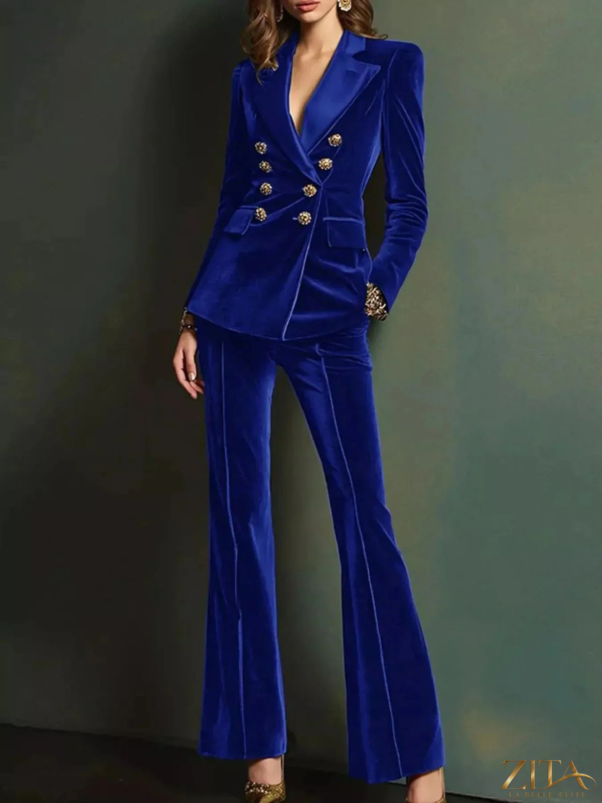 Velvet double-breasted blazer and flare pants set by Zita La Belle Elite, featuring a stylish, coordinated women's fashion outfit.