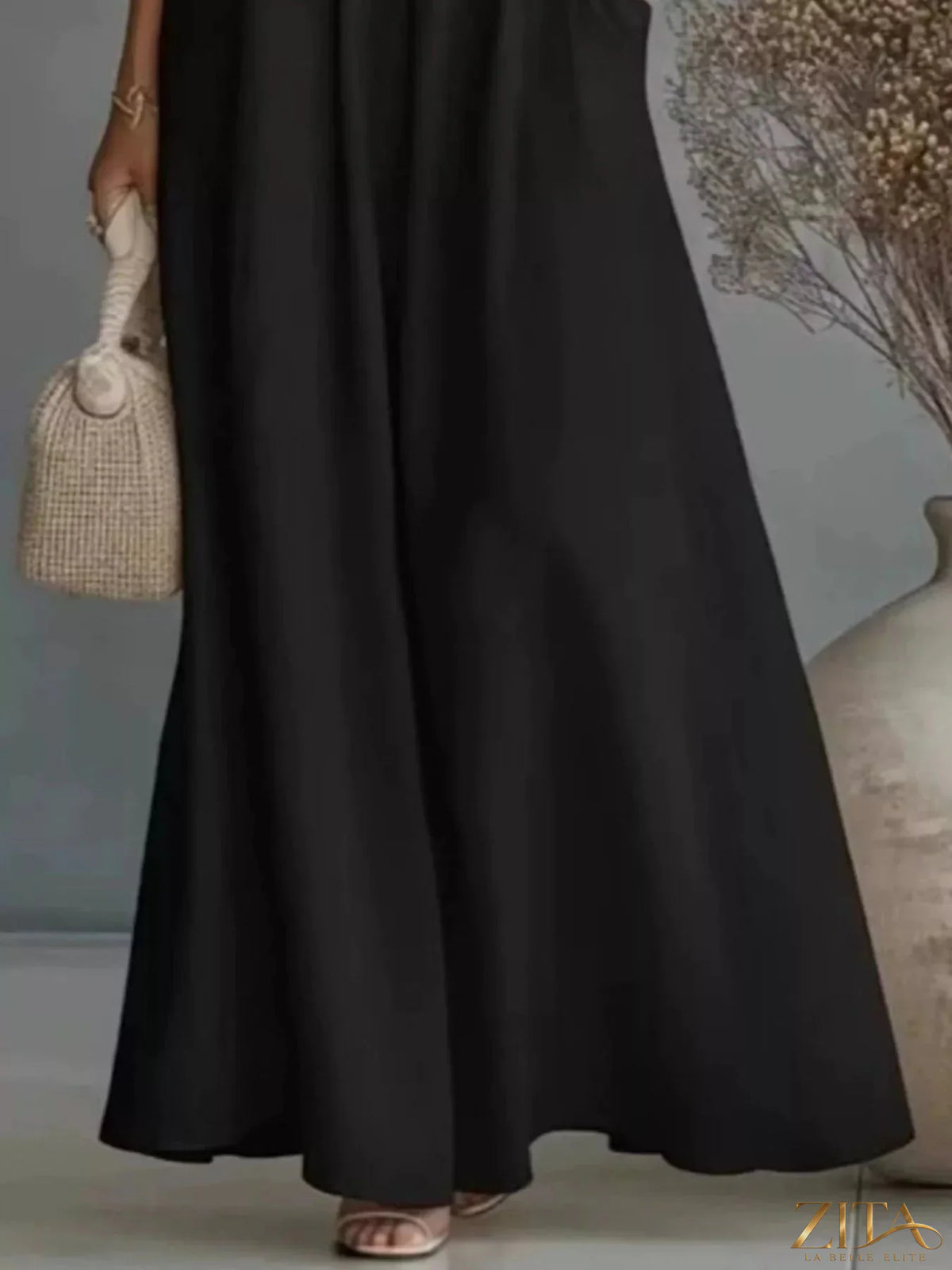 Plus size Zita La Belle Elite one-shoulder top and wide-leg pants set displayed in a full-length image.