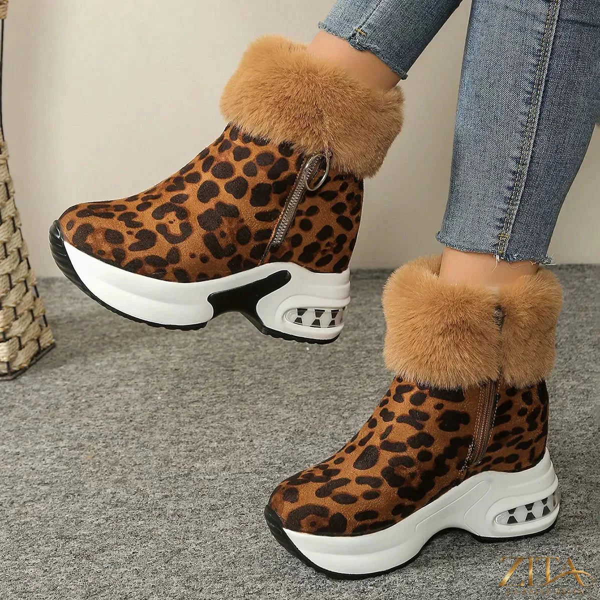 Zita La Belle Elite fuzzy side zipper platform ankle boots with chunky heel and cozy fur lining, stylish footwear for women.