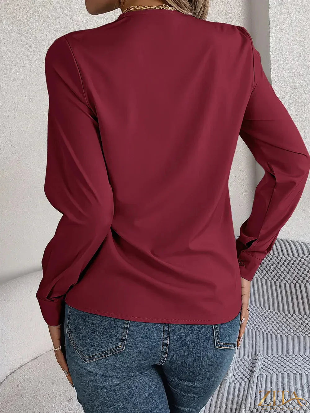 Zita La Belle Elite V-Neck Long Sleeve Blouse in soft fabric, featuring a flattering V-neck and elegant long sleeves.