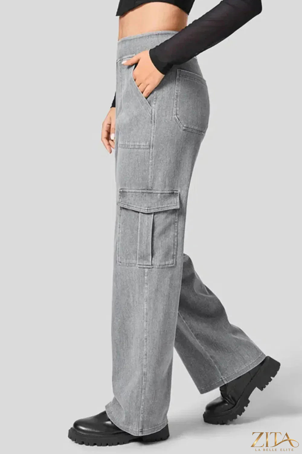 Zita La Belle Elite high waist straight leg cargo jeans with multiple pockets and classic denim wash, styled on a model.